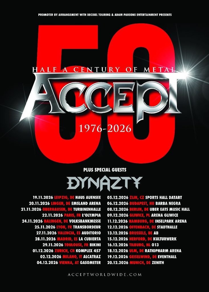 Poster for Accept's 50th anniversary European tour 2026 with special guests Dynazty, listing dates from 19 November to 20 December