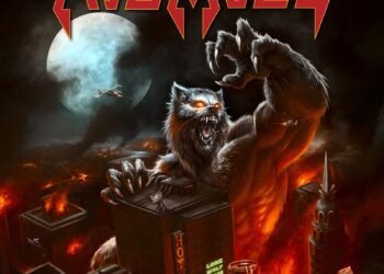 Cover art for Asomvel's album Set Your World on Fire, showing a giant snarling werewolf climbing a hotel in a burning city under a full moon.