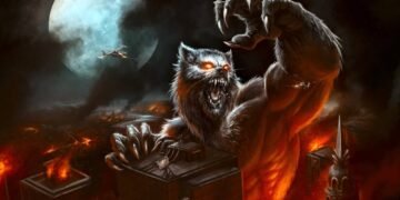 Cover art for Asomvel's album Set Your World on Fire, showing a giant snarling werewolf climbing a hotel in a burning city under a full moon.
