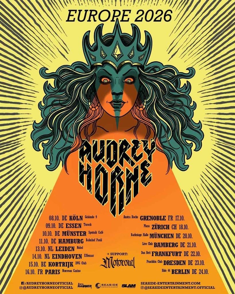 Poster for Audrey Horne's Europe 2026 tour with support from Motorowl, featuring an illustrated crowned woman with flowing green hair