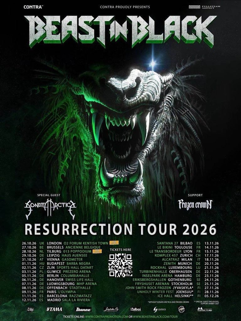 Poster for Beast in Black's Resurrection Tour 2026 with Sonata Arctica and Frozen Crown, featuring a snarling green-lit beast head.