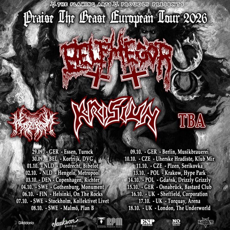Poster for Belphegor's Praise The Beast European Tour 2026 with Kristiun, listing tour dates from 29 September to 18 October.