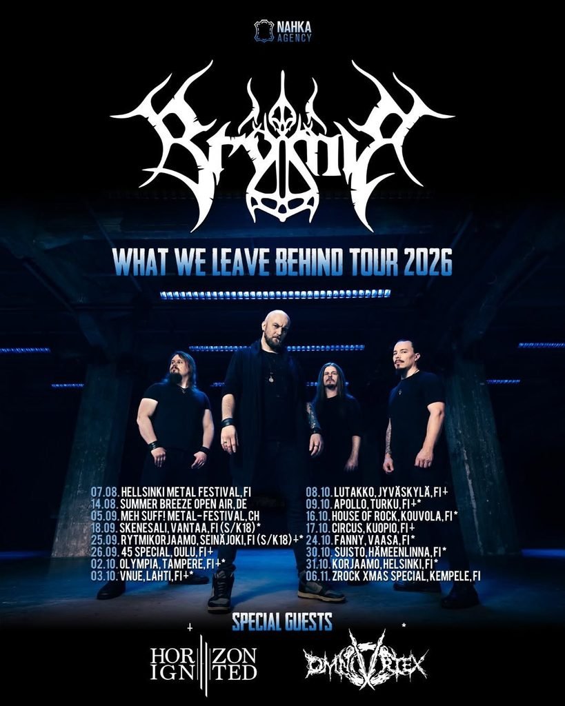 Poster for Brymir's What We Leave Behind Tour 2026 with special guests Horizon Ignited and Omnivortex, showing the band in a dark industrial hall.