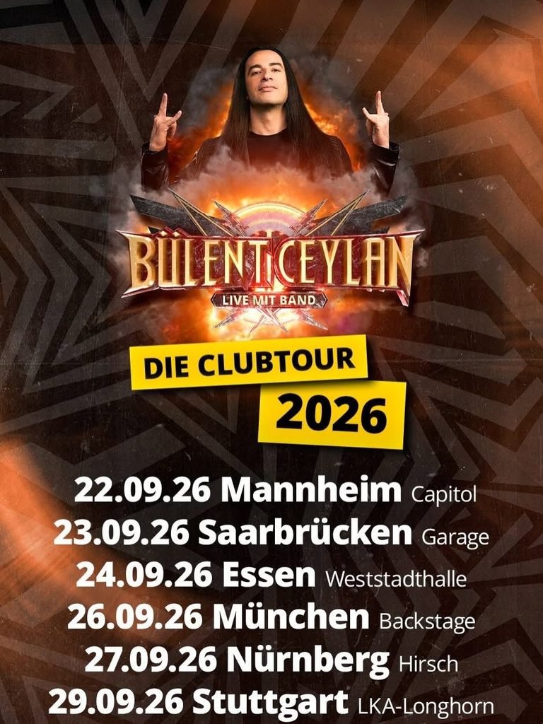 Poster for Bülent Ceylan's Live mit Band club tour 2026 in Germany, listing six dates from 22 to 29 September