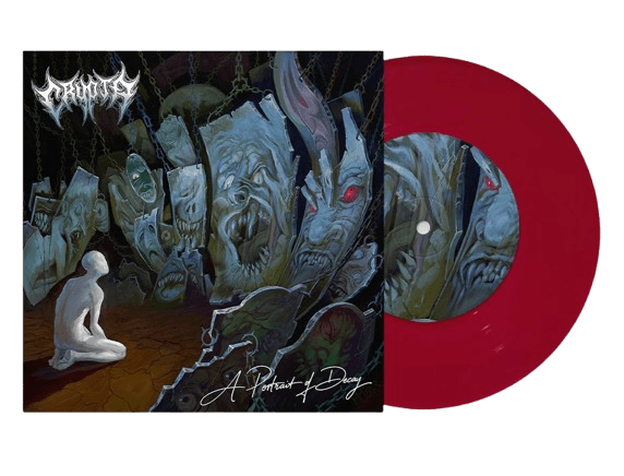 Crypta's A Portrait of Decay cover art beside a red vinyl record