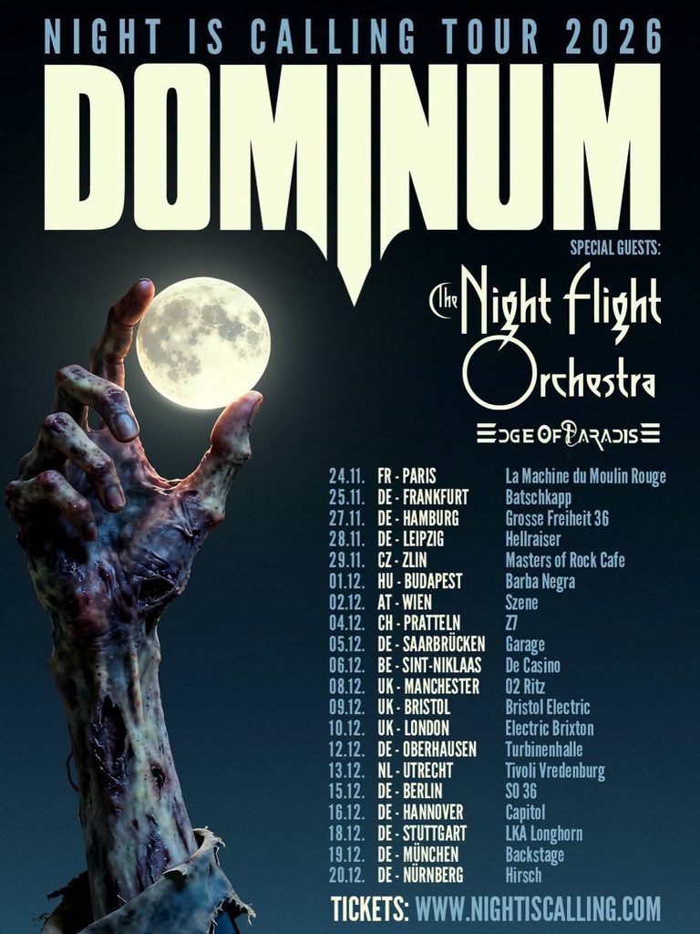 Poster for Dominum's Night Is Calling Tour 2026 with The Night Flight Orchestra and Edge of Paradise, showing a zombie hand holding the full moon.