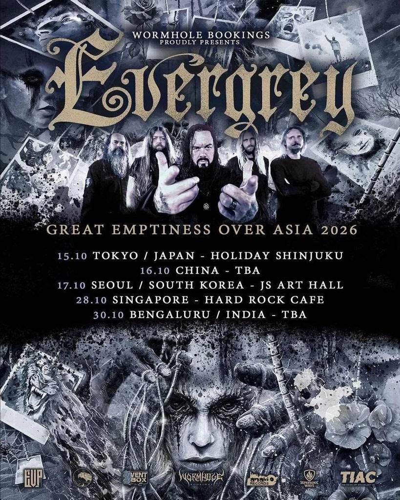 Poster for Evergrey's Great Emptiness Over Asia 2026 tour, showing the band above dates in Japan, China, South Korea, Singapore and India.