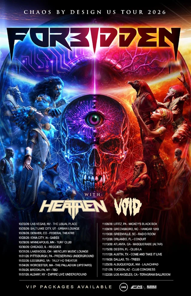 Flyer listing Forbidden's Chaos By Design US tour dates and cities