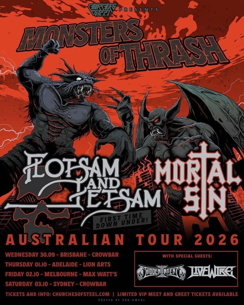 Poster for the Monsters of Thrash Australian Tour 2026 with Flotsam and Jetsam and Mortal Sin, showing two monsters fighting over a burning city.