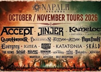 Napalm Records October/November Tours 2026 poster listing label bands including Accept, Jinjer, Kamelot, Gloryhammer and Katatonia above a festival crowd and autumn stage.