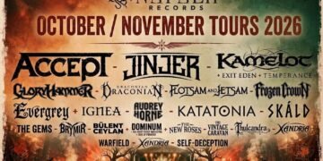 Napalm Records October/November Tours 2026 poster listing label bands including Accept, Jinjer, Kamelot, Gloryhammer and Katatonia above a festival crowd and autumn stage.