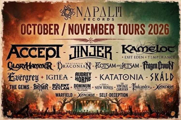 Napalm Records October/November Tours 2026 poster listing label bands including Accept, Jinjer, Kamelot, Gloryhammer and Katatonia above a festival crowd and autumn stage.
