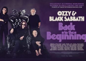 Poster for the film Ozzy & Black Sabbath: Back to the Beginning, showing the band posing around a black bat-winged throne on a purple background