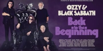Poster for the film Ozzy & Black Sabbath: Back to the Beginning, showing the band posing around a black bat-winged throne on a purple background