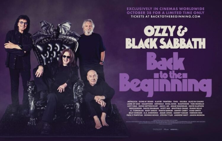 Poster for the film Ozzy & Black Sabbath: Back to the Beginning, showing the band posing around a black bat-winged throne on a purple background