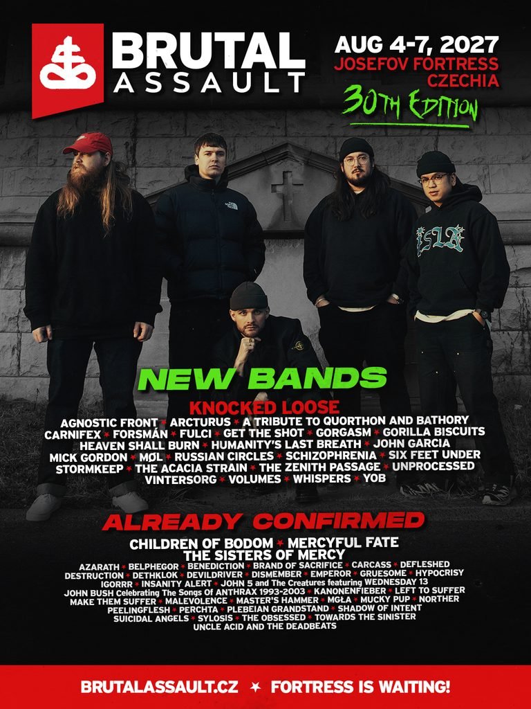 Brutal Assault 2027 30th edition lineup poster announcing new bands headlined by Knocked Loose, shown posing in front of a stone tomb, for August 4–7 at Josefov Fortress, Czechia.