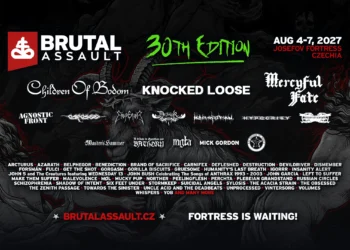 Brutal Assault 2027 30th edition banner with Children of Bodom, Knocked Loose and Mercyful Fate, set over dark artwork of a horned goat and two screaming figures.
