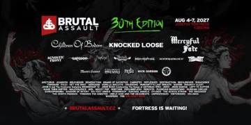 Brutal Assault 2027 30th edition banner with Children of Bodom, Knocked Loose and Mercyful Fate, set over dark artwork of a horned goat and two screaming figures.