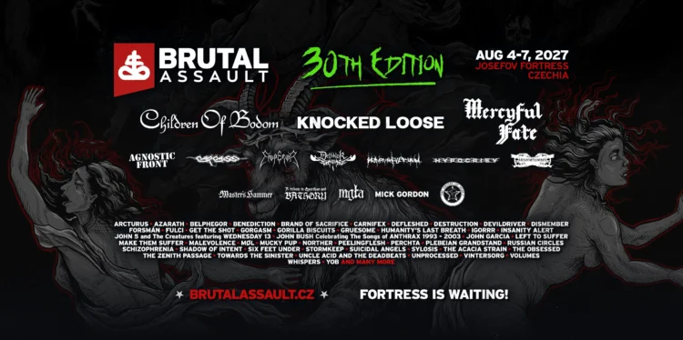 Brutal Assault 2027 30th edition banner with Children of Bodom, Knocked Loose and Mercyful Fate, set over dark artwork of a horned goat and two screaming figures.