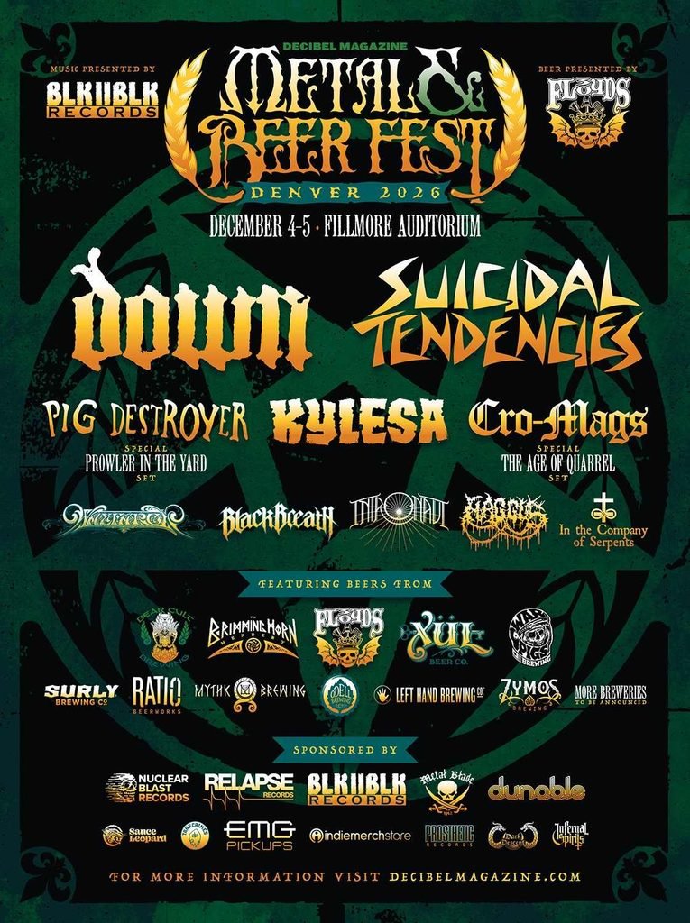 Poster for Decibel Magazine Metal & Beer Fest Denver 2026 at the Fillmore Auditorium on December 4–5, headlined by Down and Suicidal Tendencies.