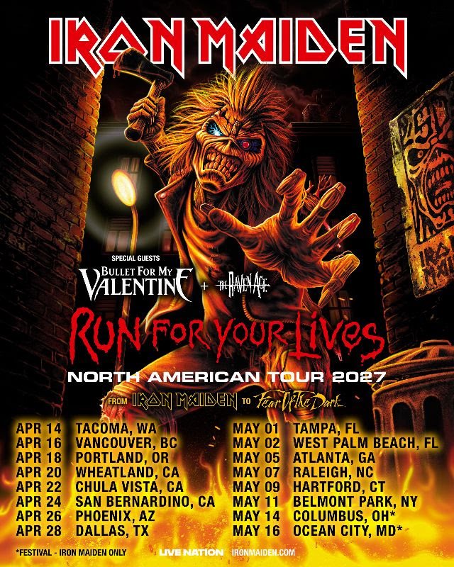 Poster for Iron Maiden’s Run For Your Lives North American Tour 2027 with Bullet for My Valentine and The Raven Age, showing Eddie wielding an axe in a fiery alley