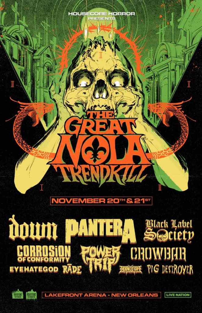 Poster for The Great NOLA Trendkill festival at Lakefront Arena in New Orleans on November 20–21, with Down, Pantera and Black Label Society.
