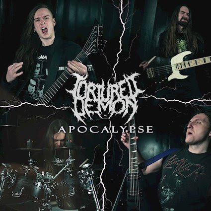 Cover art for Tortured Demon’s single Apocalypse, showing the four band members playing guitar, bass and drums in split panels divided by lightning